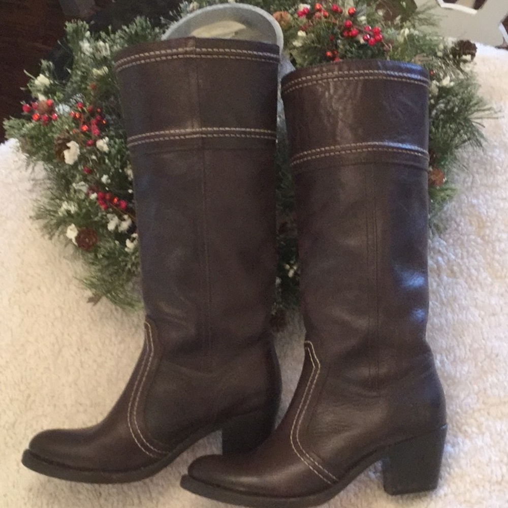 Genuine Frye tall Jane 14 stitch dark brown.